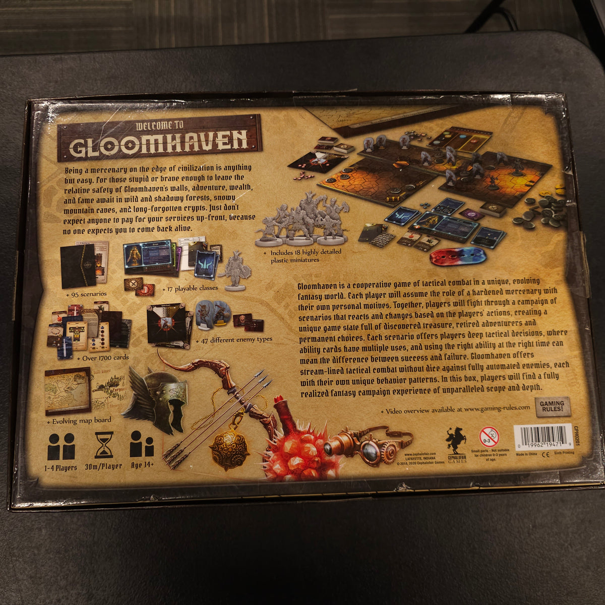 Gloomhaven box back showing sixth printing and contents summary