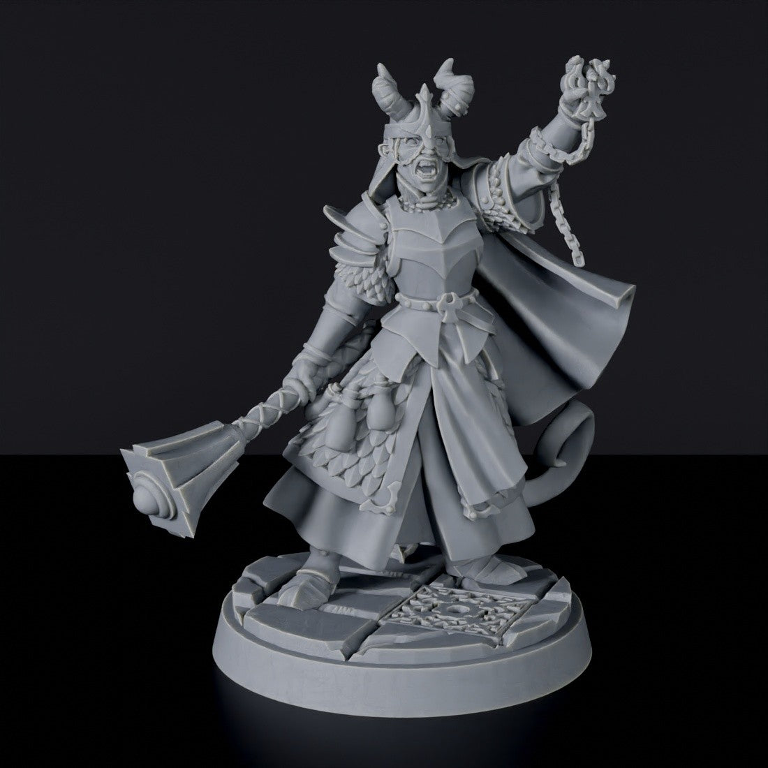 Tiefling Female Cleric with Mace, Holy Symbol and Helmet