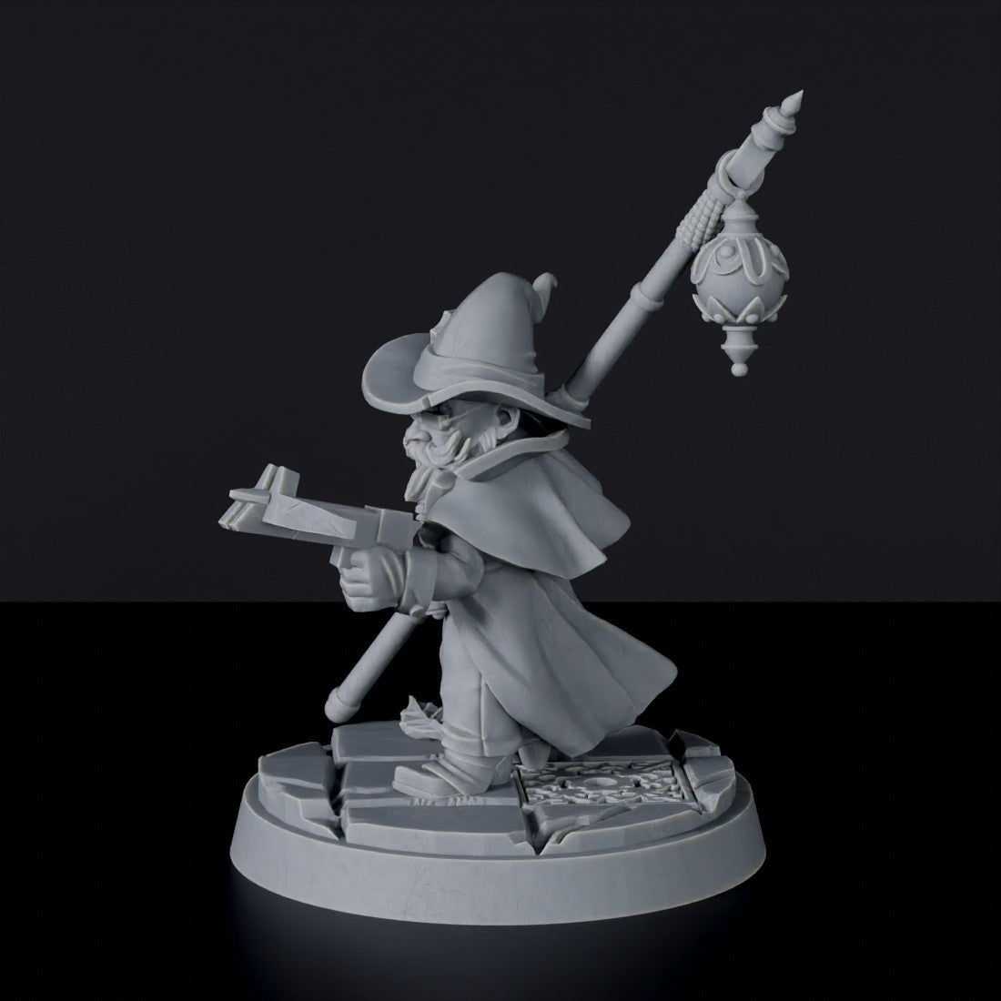 Gnome Male Wizard with Staff and Hand Crossbow