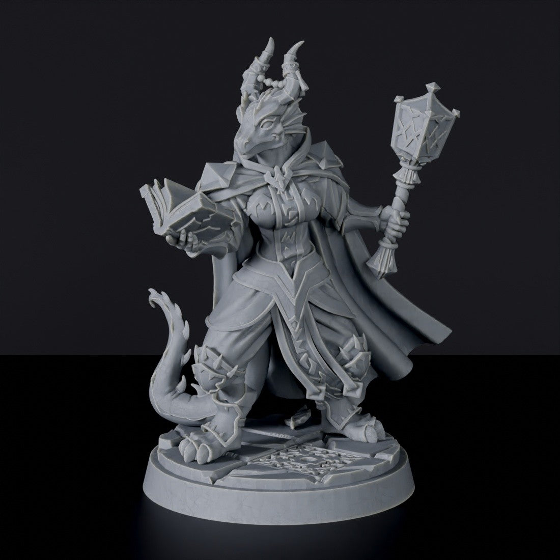 Dragonborn Female Wizard with Mace and Spellbook