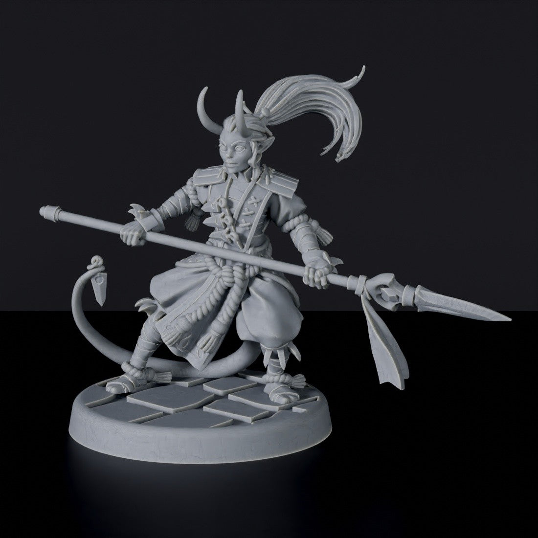 Tiefling Female Monk with Spear and Daggers