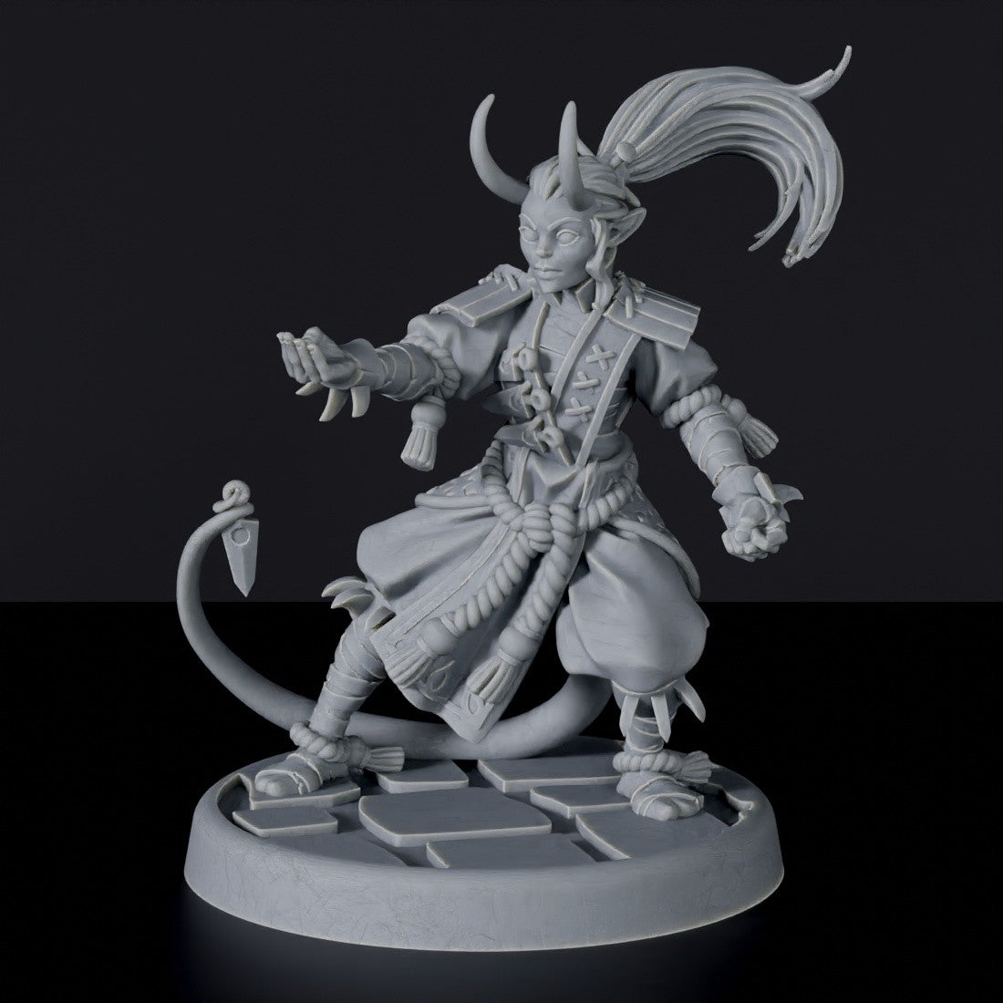 Tiefling Female Monk Holding Dagger with Tail