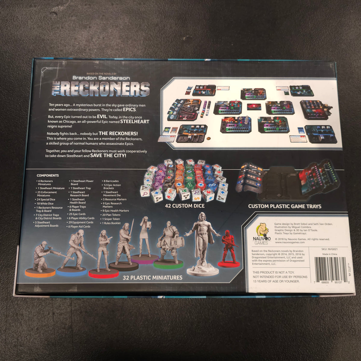 The Reckoners box back showing contents and manufacturer label