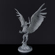 Fantasy miniatures of human knight warrior Lord Hochenfang with crown and sword on flying griffon - Bloodfields RPG game