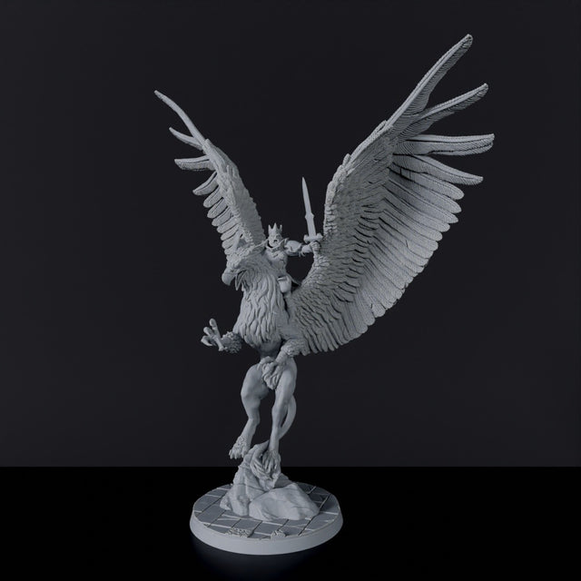 Fantasy miniatures of human knight warrior Lord Hochenfang with crown and sword on flying griffon - Bloodfields RPG game