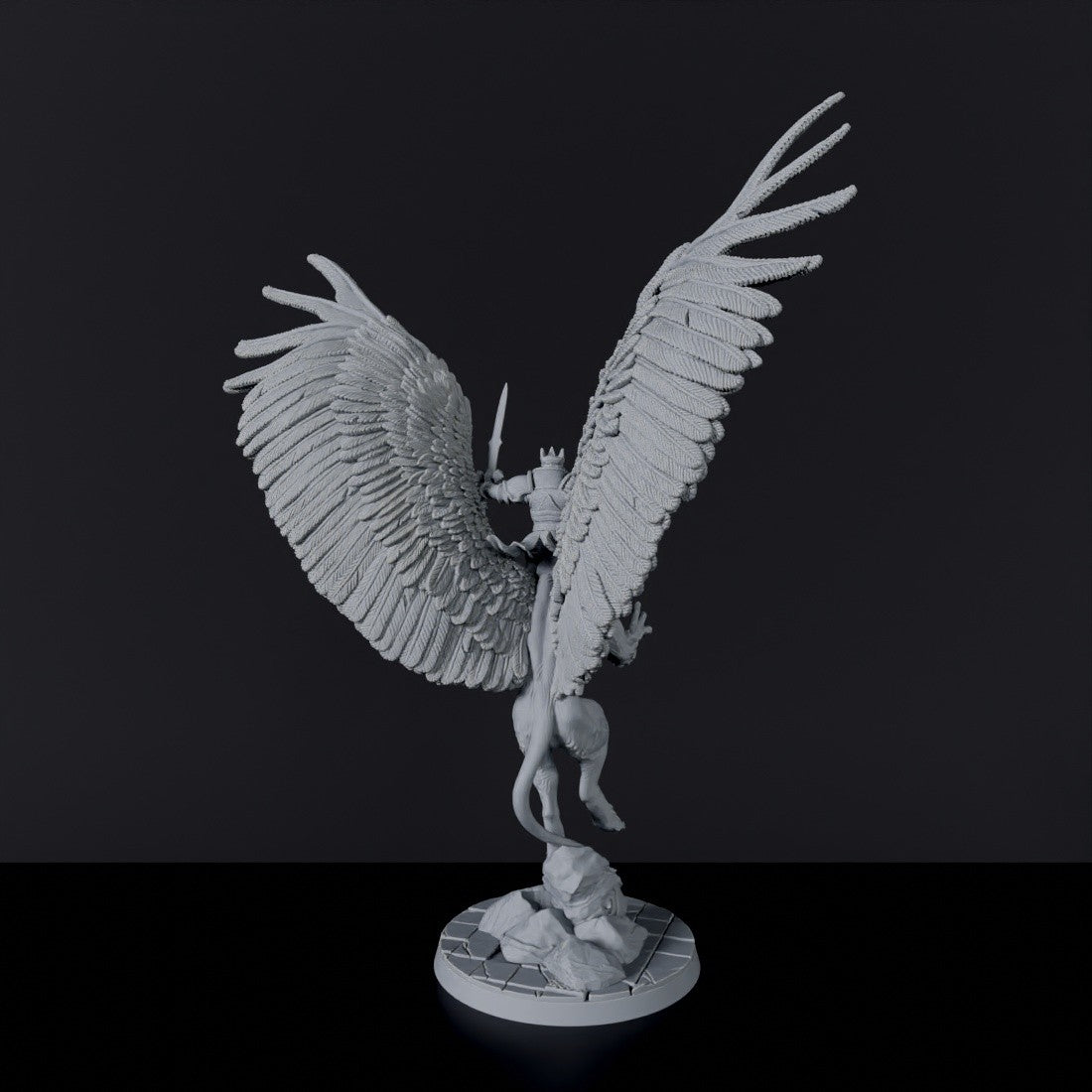 Fantasy miniature of human knight with crown and sword Lord Hochenfang on flying griffon for Bloodfields tabletop RPG game