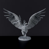 Fantasy miniatures of elf knight warrior Leogwyn the Zenith with spear on flying owl - Bloodfields tabletop RPG game