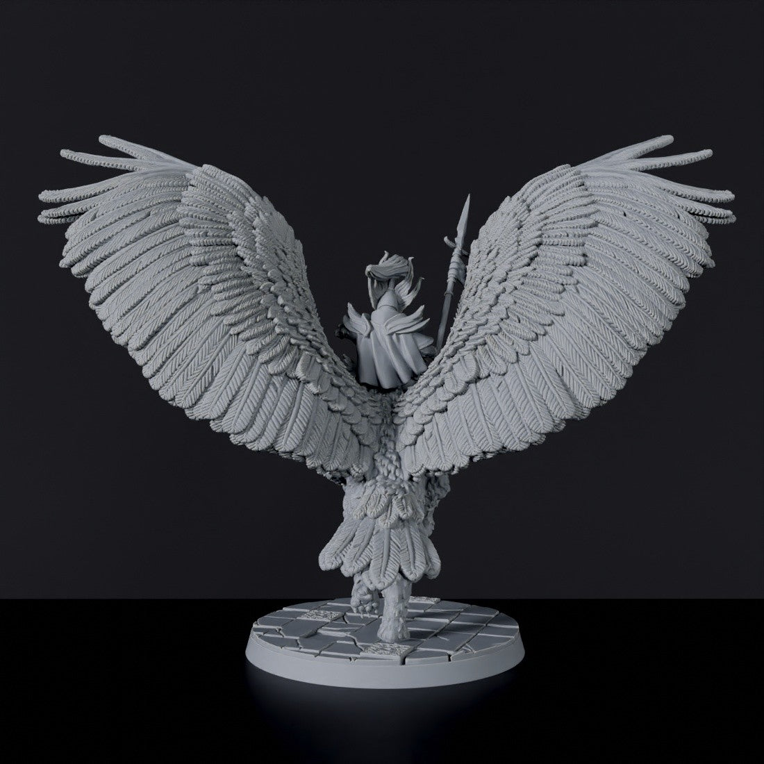 Fantasy miniature of elf male warrior Leogwyn the Zenith with spear on flying beast owl for Bloodfields tabletop RPG game