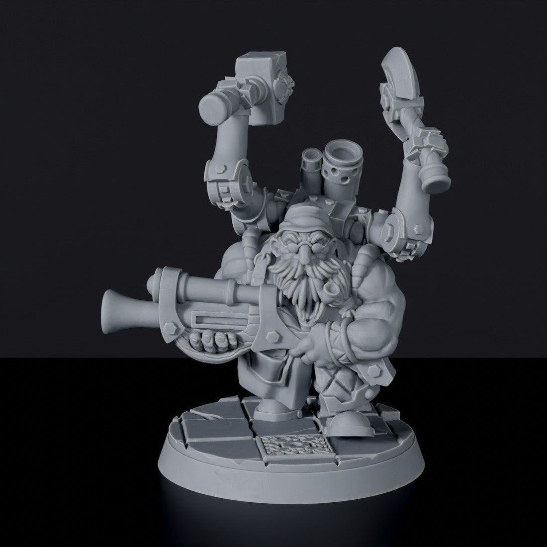 Fantasy miniatures of dwarf Gimron Hammerhand machine warrior with gun, axe and hammer for Bloodfields tabletop RPG game