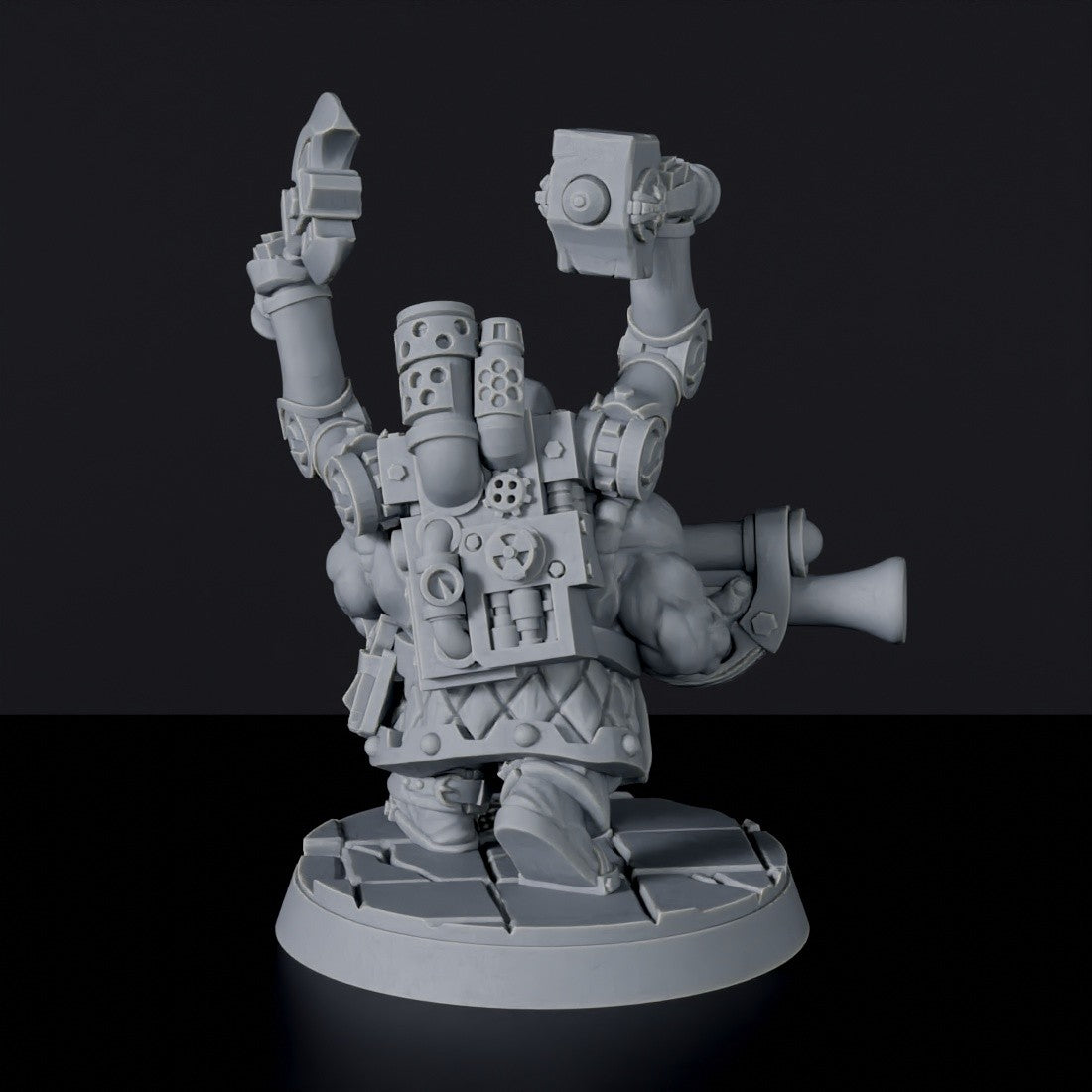 Fantasy miniature of dwarf Gimron Hammerhand machine warrior with pistol for Bloodfields tabletop RPG game