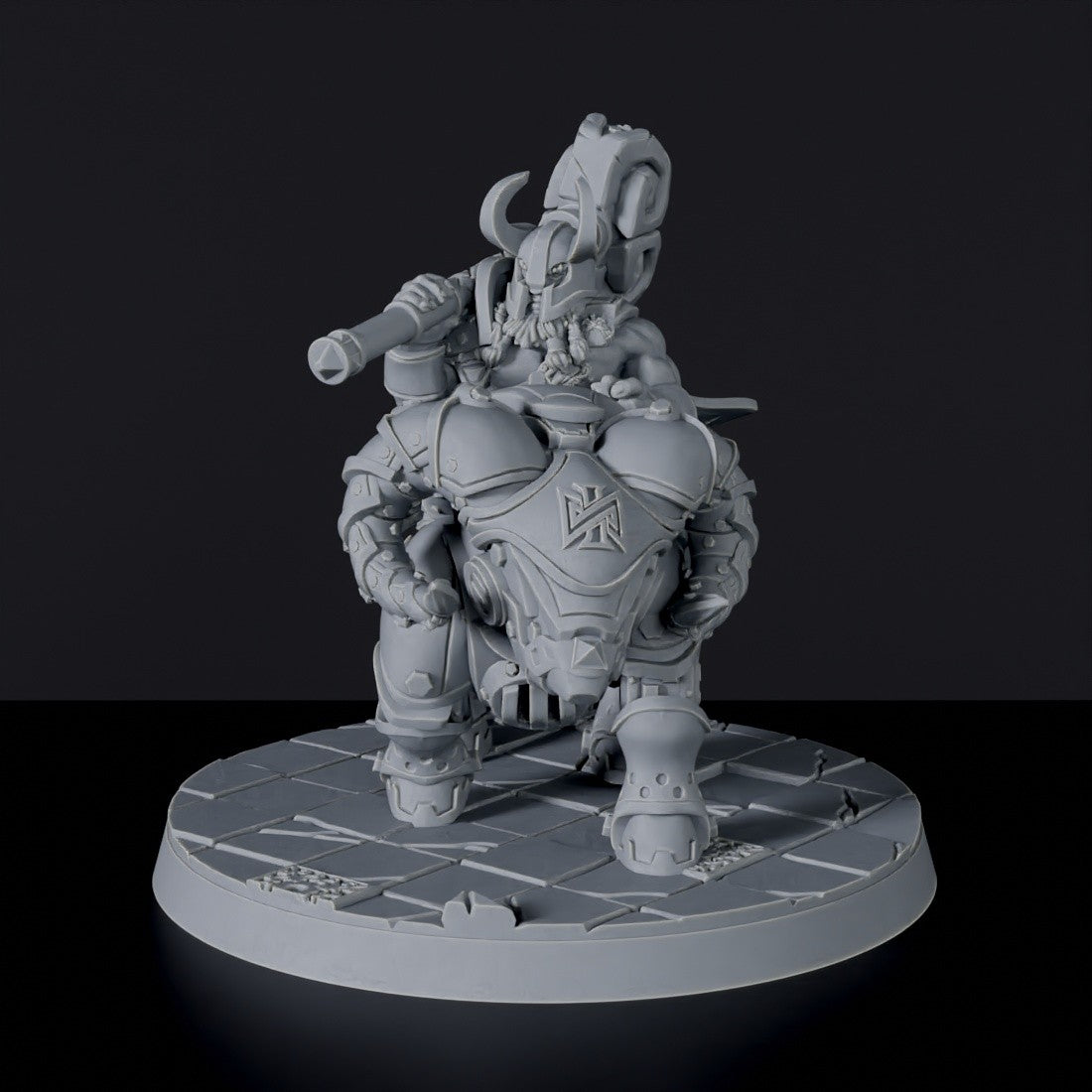 Fantasy miniatures of dwarf Duri Hillhorn fighter with hammer on machine beast for Bloodfields tabletop RPG game