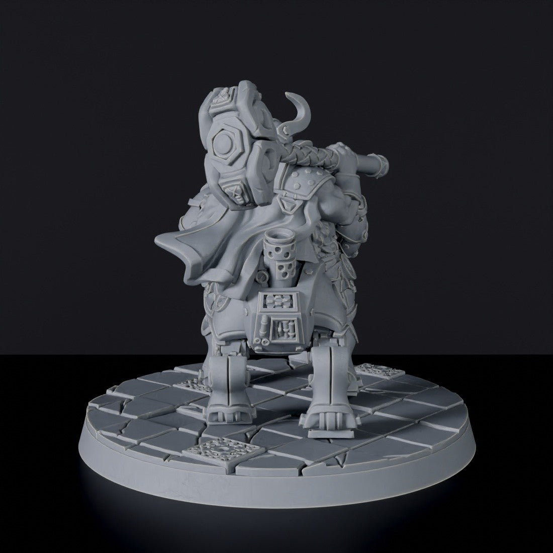 Fantasy miniature of dwarf Duri Hillhorn fighter with hammer on machine beast for Bloodfields tabletop RPG game