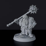 Fantasy miniatures of dwarf male warrior Gorin Thunderclap with morning star - Bloodfields tabletop RPG game