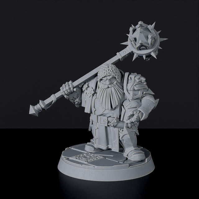 Fantasy miniatures of dwarf male warrior Gorin Thunderclap with morning star - Bloodfields tabletop RPG game