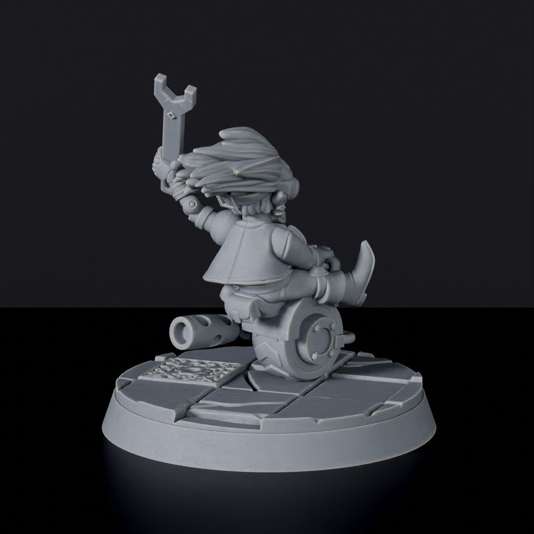 Fantasy miniature of gnome Zark on Wroomba with tool for Bloodfields tabletop RPG game