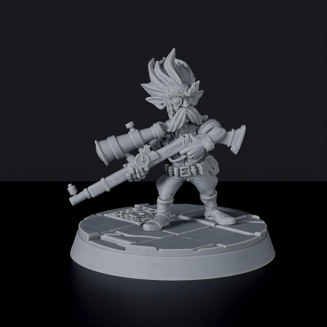 Fantasy miniatures of gnome Vesper the Sniper with gun for Tinkering Gnomes army