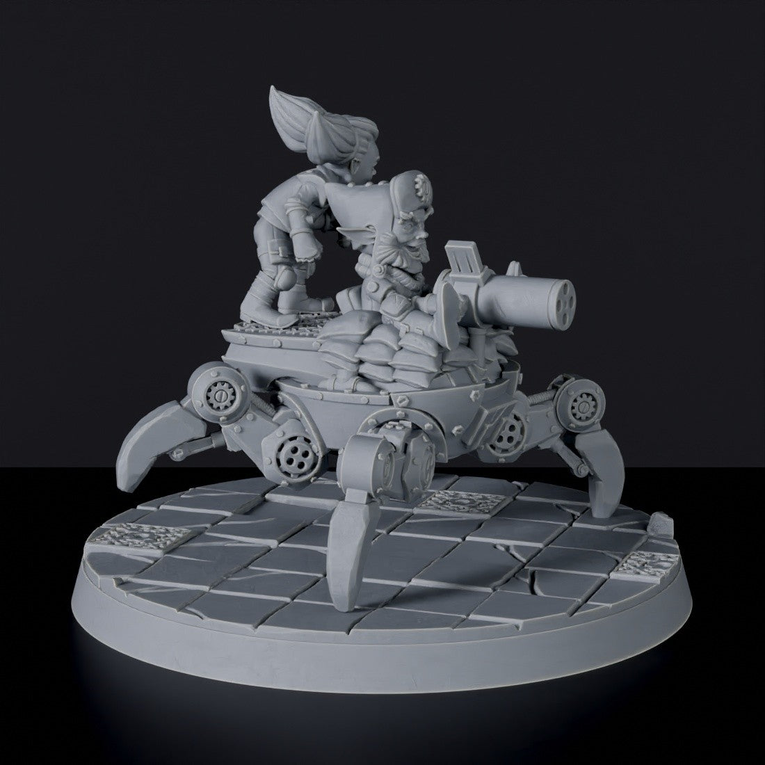 Miniature of gnomes Oru & Nini in Walker with warmachine minigun - dedicated set for Tinkering Gnomes RPG army