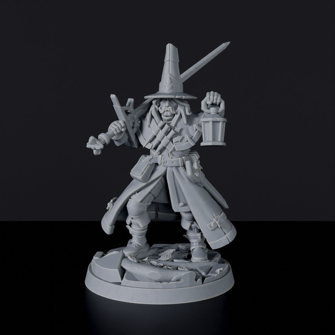 Fantasy miniatures of Hugo Braav warrior with lamp, hat and sword for Vampire Hunters army