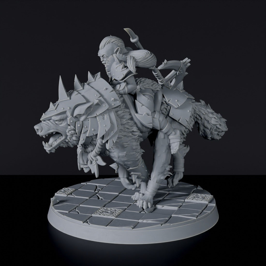 Miniature of Shara Starkfang orc fighter with halberd on wolf beast - dedicated set for Bloodfields Blackland Orcs army