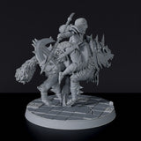 Miniature of Shara Starkfang orc warrior with halberd on wolf beast - dedicated set for Blackland Orcs RPG army