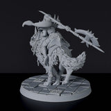 Fantasy miniature of Shara Starkfang orc warrior with halberd on wolf beast for Bloodfields tabletop RPG game