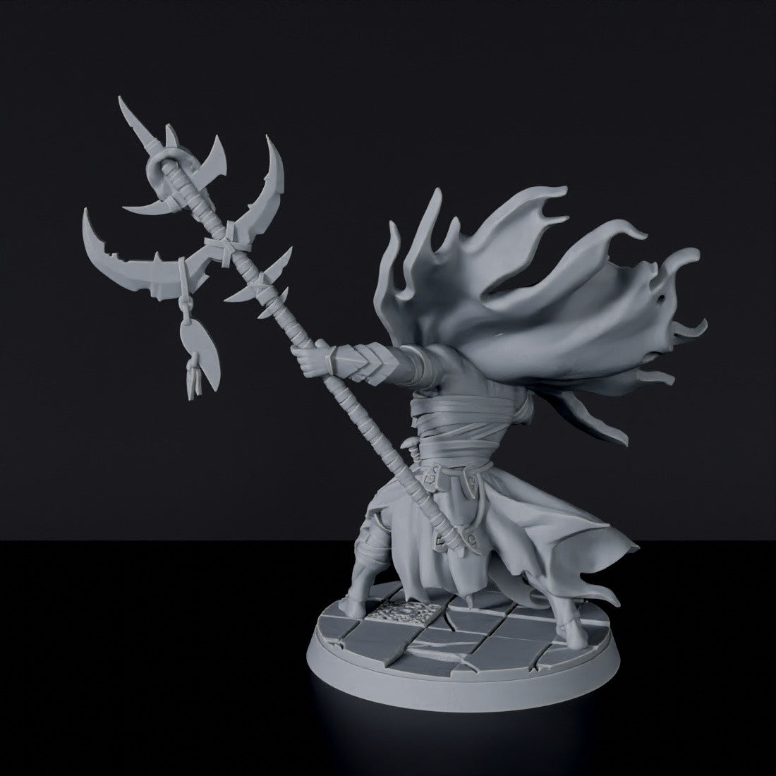 Fantasy miniature of Bul'Dharan orc warlock with staff and cloak for Bloodfields tabletop RPG game