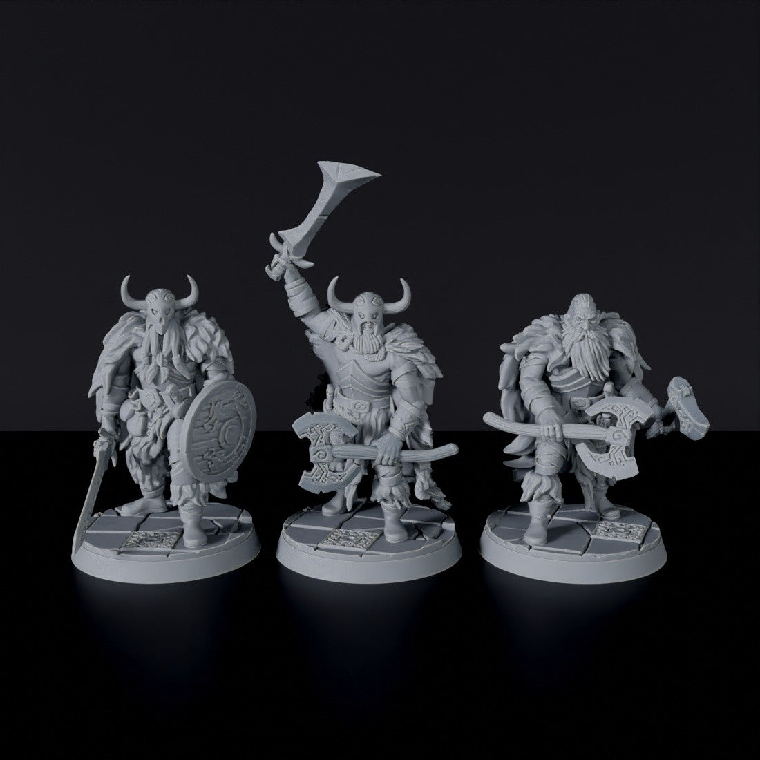 Fantasy miniatures of Bjorn, Erik & Olaf barbarians warriors with swords and axes for Roaming Barbarians army