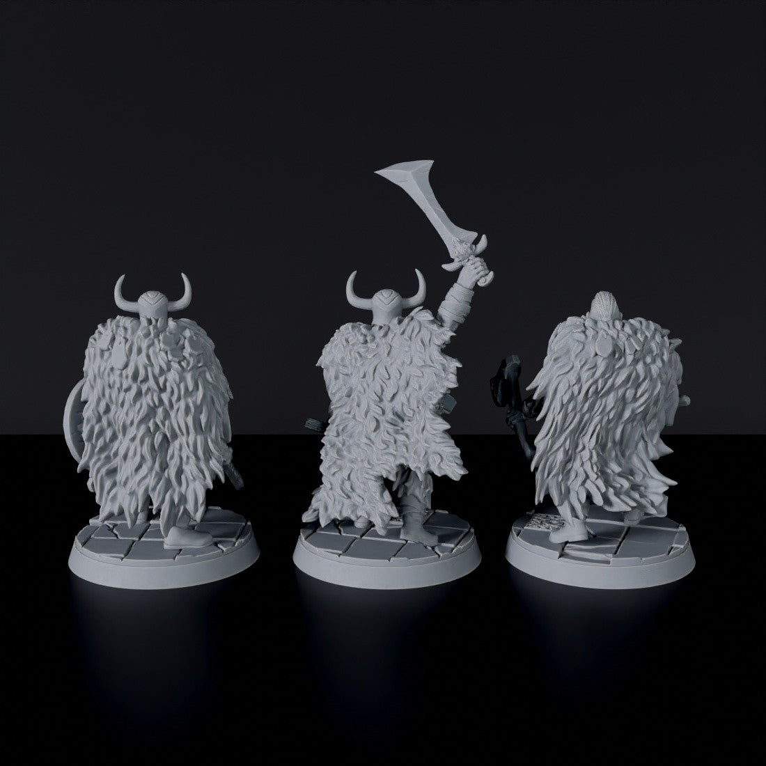 Fantasy miniature of Bjorn, Erik & Olaf barbarians fighters with swords and shields for Bloodfields tabletop RPG game