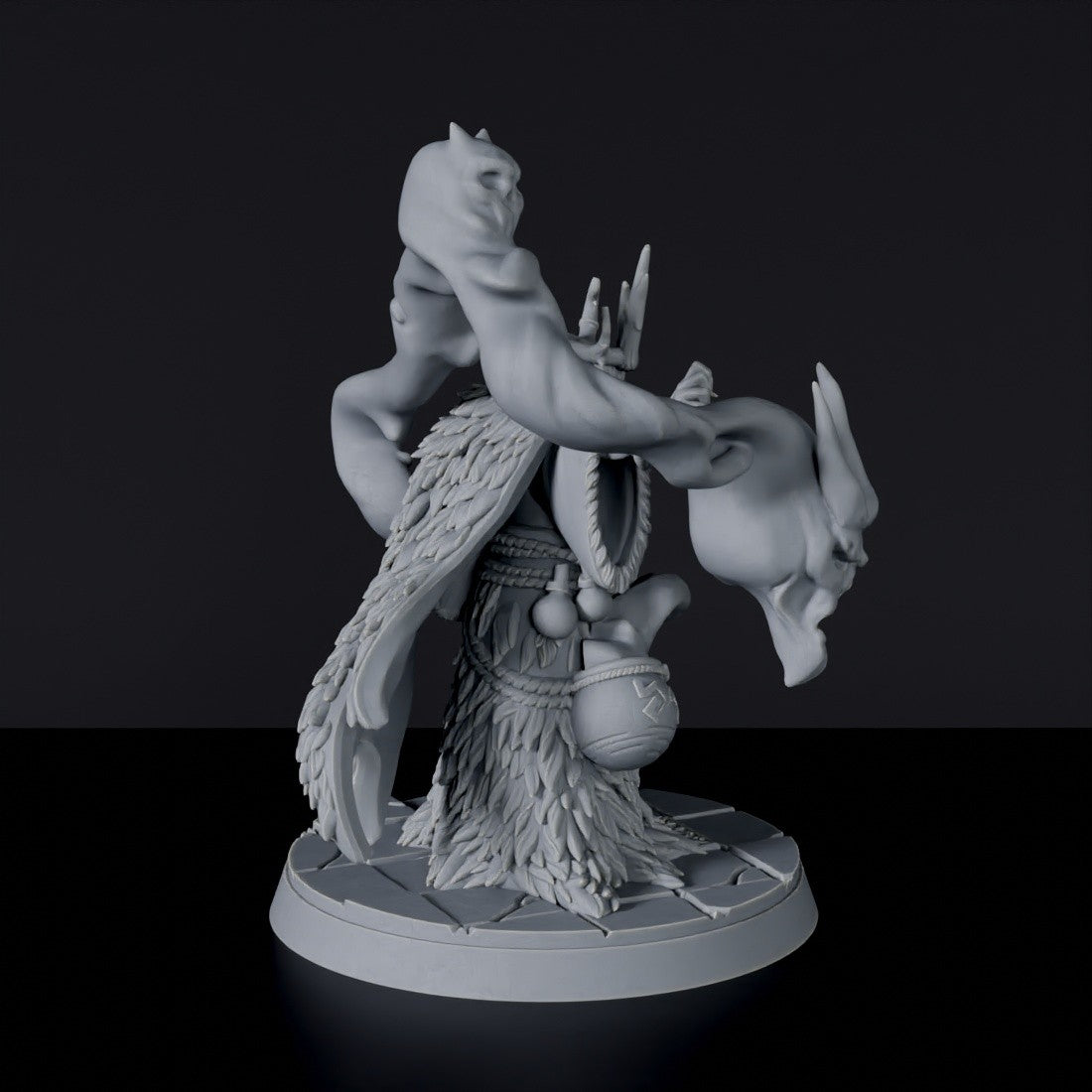 Fantasy miniature of barbarian sorcerer Martha Bogmaiden with scythe for Bloodfields tabletop RPG game