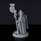 Fantasy miniature of Tayanna Serpentguard amazon fighter with shield and halberd for Bloodfields tabletop RPG game