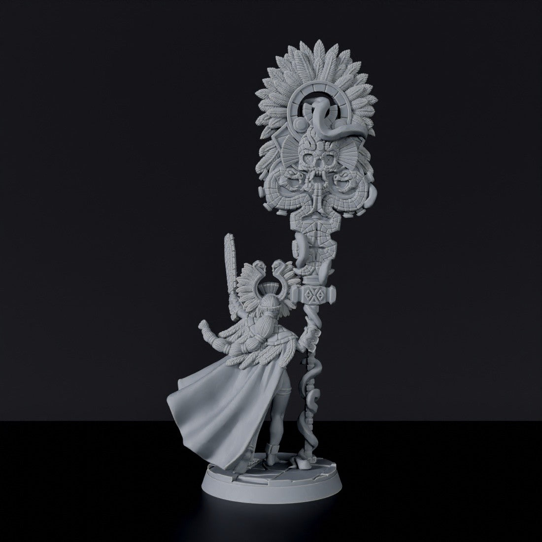 Fantasy miniature of Itza the Totem Wielder amazon wizard with totem - Bloodfields tabletop RPG game