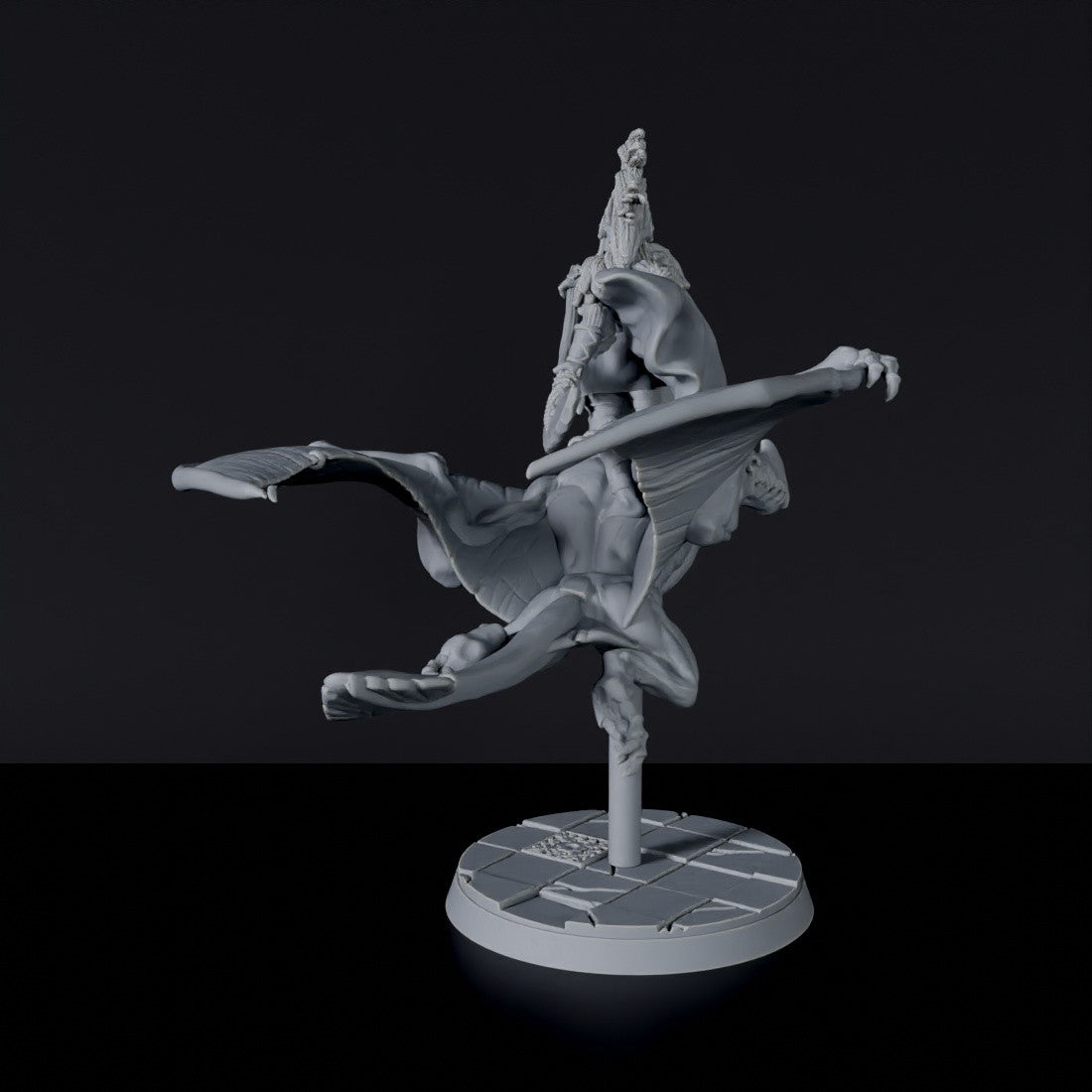 Fantasy miniature of Skyhuani Windstopper amazon fighter on flying llizard beast - Bloodfields tabletop RPG game