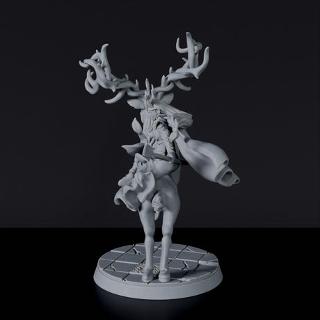 Miniature of elf warlock Inu Woodwhisper with staff and cloak on deer - Redleaf Elves set for Bloodfields RPG wargame