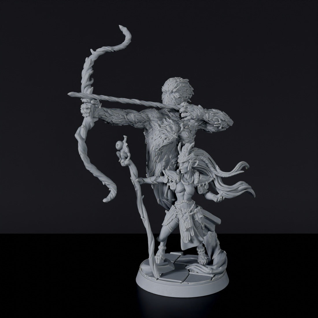 Fantasy miniatures of elf wizard with forest spirit with bow Elora Shumigrai - dedicated set to army for Bloodfields