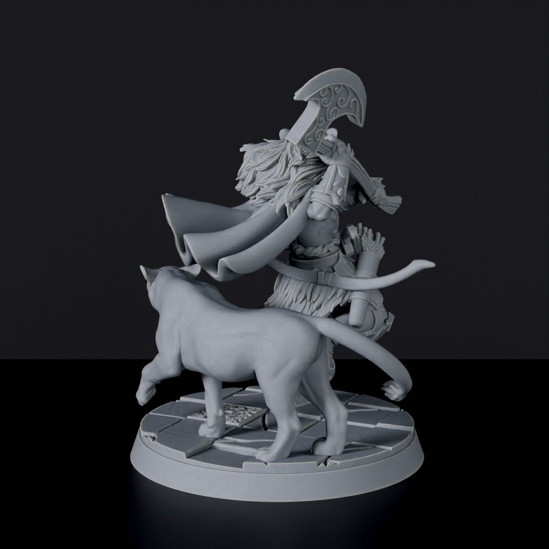 Fantasy miniature of male elf fighter Lion Whiteclaw with cat and axe for Bloodfields tabletop RPG game