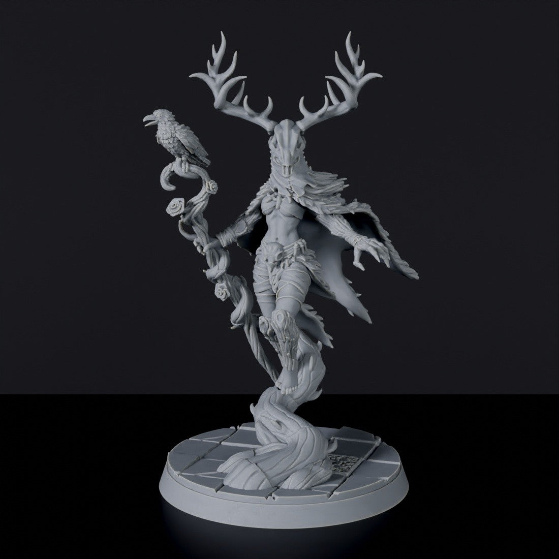 Fantasy miniatures of knight druid Suri the Maleficent Omen with staff and bird - Bloodfields tabletop RPG game