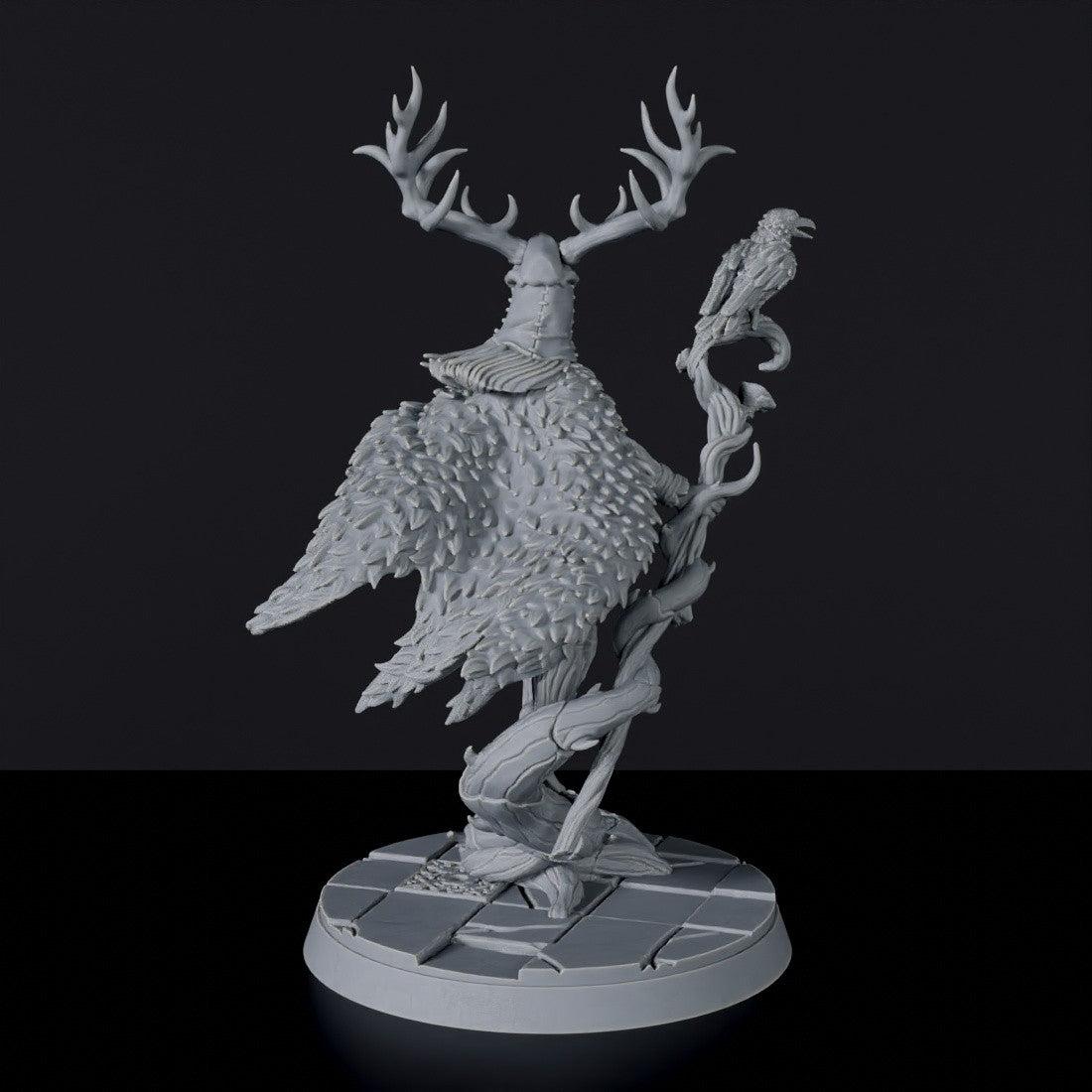 Fantasy miniature of Suri the Maleficent Omen knight druid with bird and staff for Bloodfields tabletop RPG game