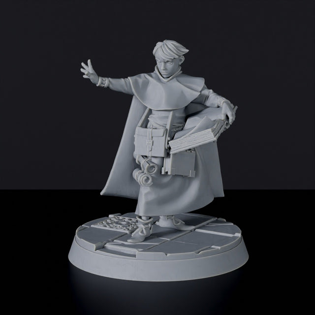 Fantasy miniatures of knight priest Girflet the Adept with tome and cloak - Bloodfields tabletop RPG game