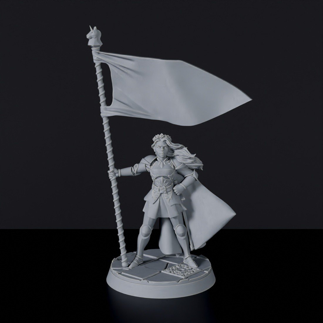 Fantasy miniatures of human female warrior Kathrina Bright with flag and armor - Bloodfields tabletop RPG game