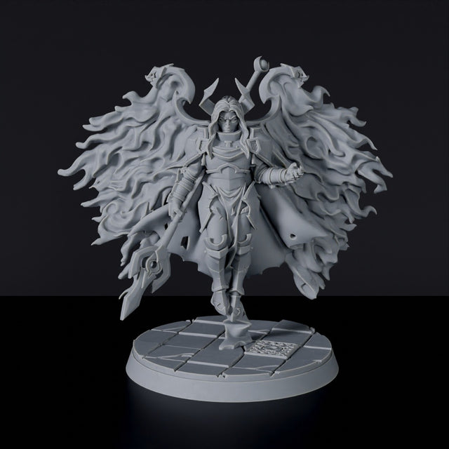 Fantasy miniatures of flying warrior Blaze the Exile with spear - Bloodfields tabletop RPG game