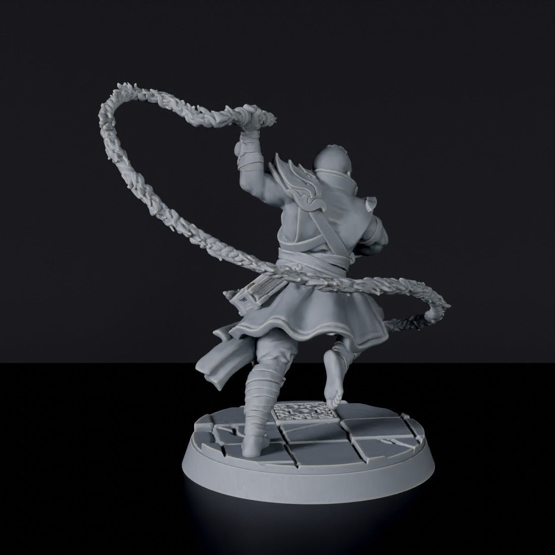 Fantasy miniature of warrior with lasso Kim Kuchi for Bloodfields tabletop RPG game