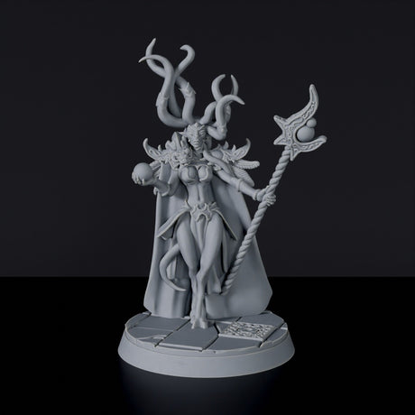 Fantasy miniatures of Lilith demon female warlock with staff and sphere - Bloodfields tabletop RPG game