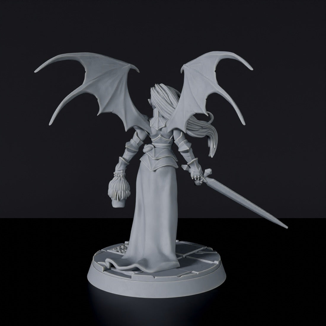 Fantasy miniature of female vampire fighter with sword Vivienne Lacroix for Bloodfields tabletop RPG game