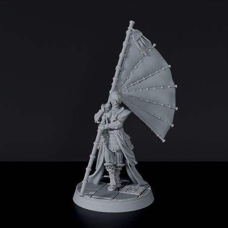 Fantasy miniatures of female asian warrior Xianou with flag - Bloodfields tabletop RPG game