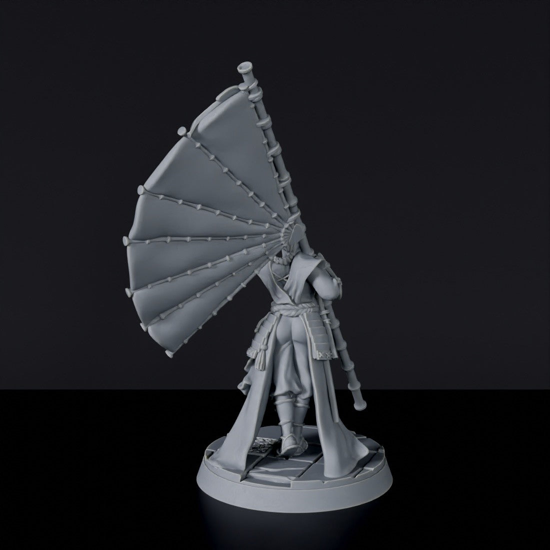 Fantasy miniature of female asian Xianou with flag - Bloodfields tabletop RPG game