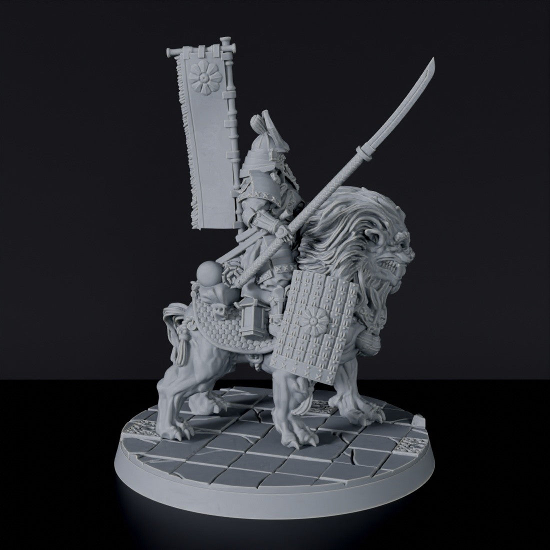 Dedicated set for Bloodfields Dragon Empire army - fantasy miniature of samurai fighter on beast Komainu Spearman