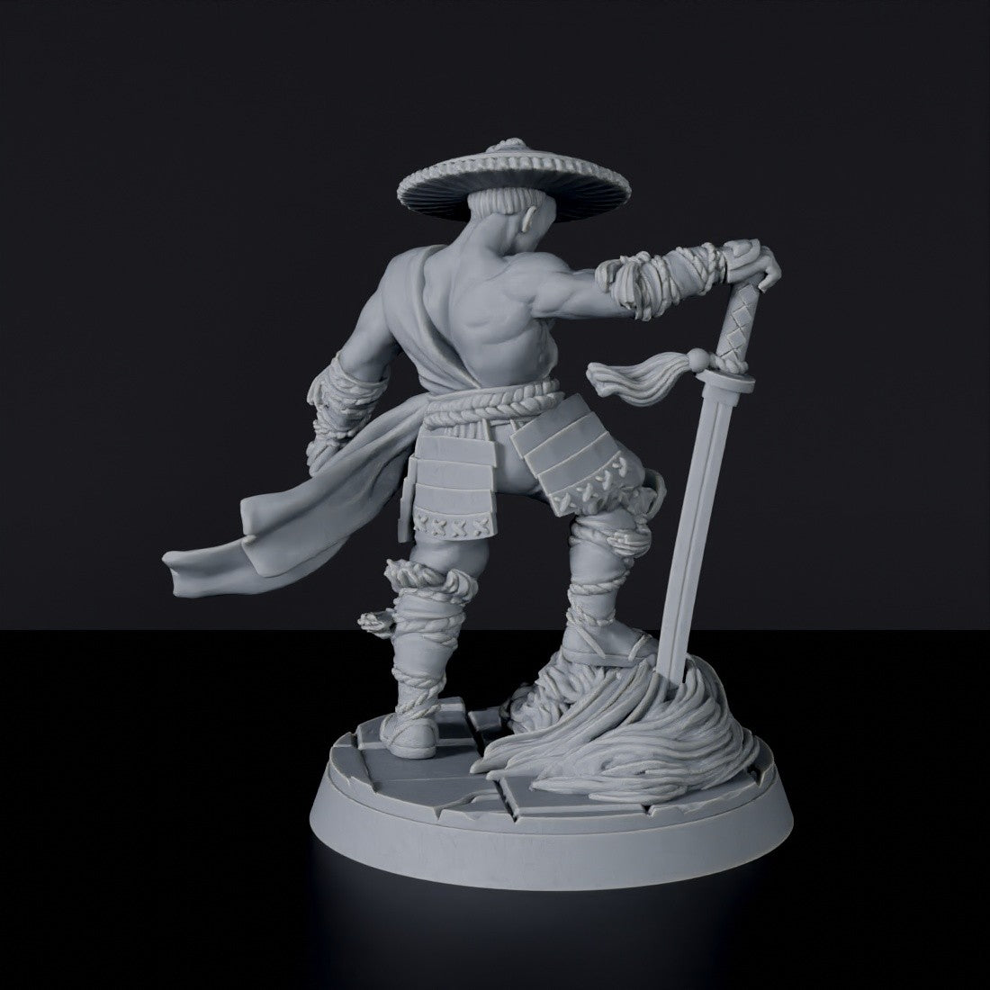 Fantasy miniature of asian samurai Vinn-Fo with sword and hat - Bloodfields tabletop RPG game