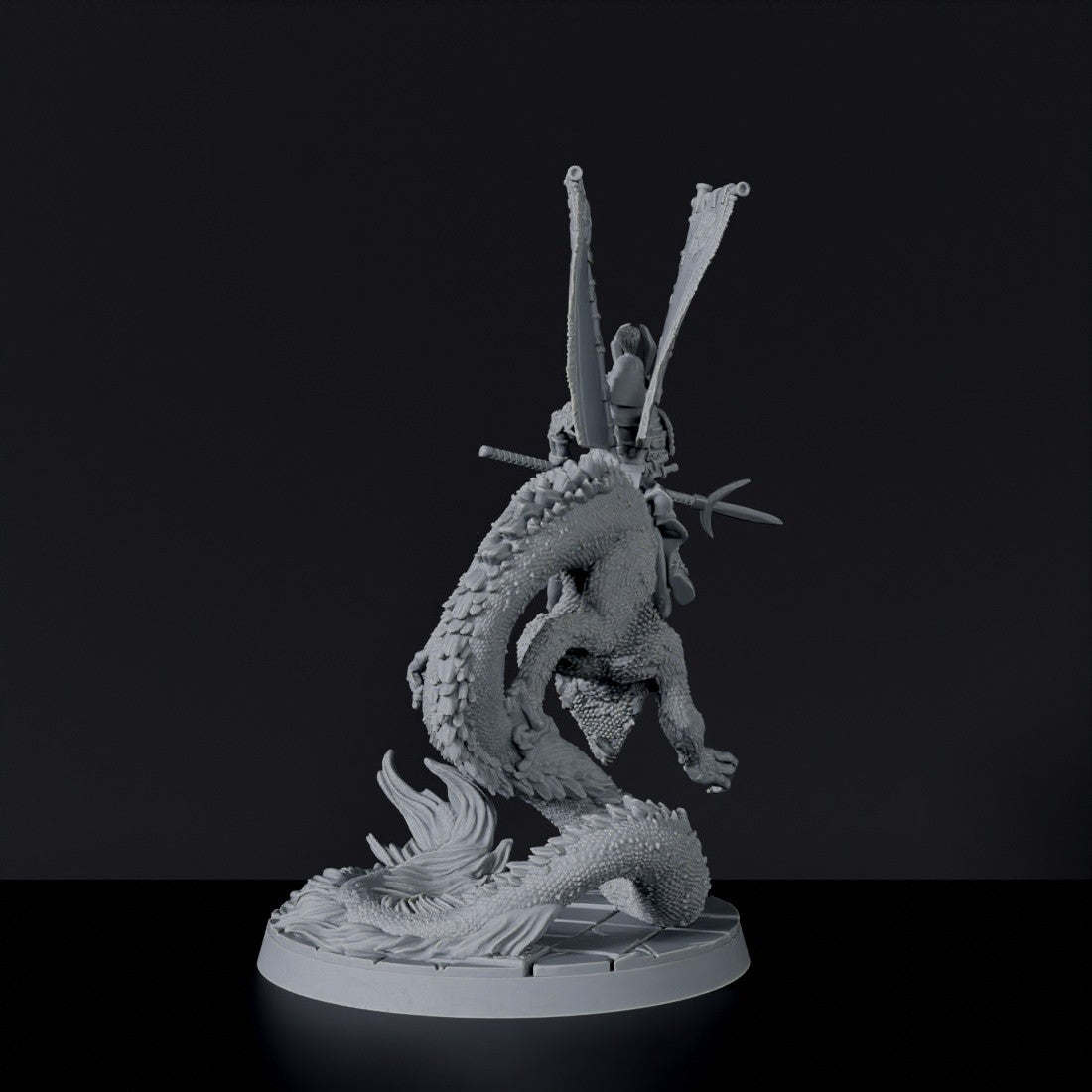 Fantasy miniature of asian Dragon Cavalry - samurai on dragon with spear Bloodfields tabletop RPG game