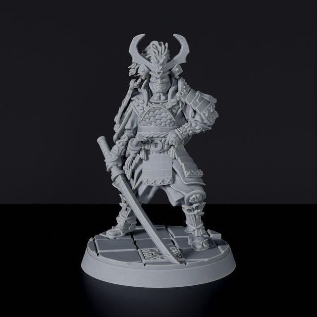 Fantasy miniatures of samurai General Yoshimaru with sword and armor - Bloodfields tabletop RPG game