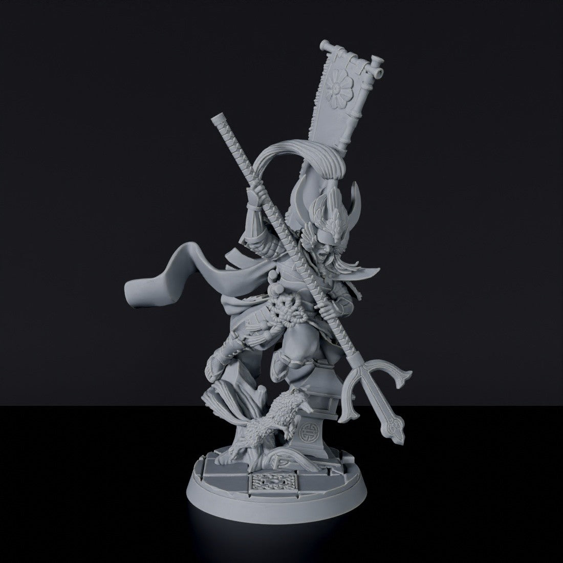 Fantasy miniatures of asian samurai General Minamoto warrior with trident - Bloodfields tabletop RPG game